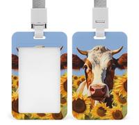 Painting Sunflower Cow Id Badge Holder with Lanyard, Clear Vertical Card Protector Waterproof, Breakaway Safety Neck Strap, Heavy Duty Name Tag Holder for Nurse Teacher Officer Staff Women Men