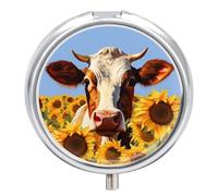 Painting Sunflower Cow Metal Pill Organizer, 3 Compartment Waterproof Pill Case with Mirror for Purse Pocket Bag, Daily Medicine Vitamin Holder, Portable Travel Med Container(Round)