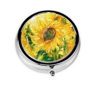 Painting Sunflower Small Pill Box 3 Compartment Portable Pill Box for Purse Pocket Vintage Flower Mini Medicine Organiser for Daily Vitamin Fish Oil Storage