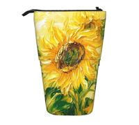 Painting Sunflower Standing Pencil Case Vintage Flower Pen Pouch Holder Telescopic Pencil Bag Pop Up Cosmetics Bag Stationery Organizer for School Office Travel