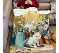 Painting Throw Blanket 150 x 200 cm Cute cat in the garden Print Super Soft Warm Flannel Fleece Sofa Couch Bed Sherpa Plush Blanket for Adults and Teens