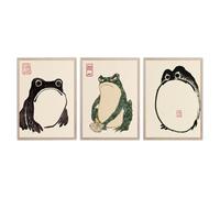 PAINURA Frog Poster Japanese Wall Art Canvas Vintage Room Decor Japanese Frog Wall Art Wabi Sabi Painting for Living Room Minimalist Decor for Bedroom Funny Posters (A, 12x16Inchx3 Unframed)