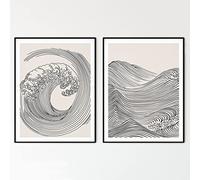 PAINURA Japanese Wall Art Line Art Wave Poster Abstract Japandi Wall Art Minimalist Print Abstract Ocean Art Black and White Canvas Art for Japandi Home Decor(12x16Inchx2 Unframed)