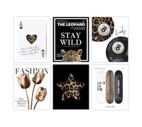 PAINURA Leopard Wall Art Trendy Skateboard Wall Decor Funky 8 Ball Poster Fashion Animal Posters for Girls Room Cheetah Print Preppy Pictures Newspaper Canvas Art Set of 6 (8x10 Inch) Unframed
