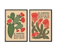 PAINURA Mexican Wall Art Cactus Wall Decor Southwestern Succulent Wall Art Cactus Floral Painting for Living Room Bedroom El Maestro a Vintage Mexican Plant Poster Set of 2 (16x24 Inch) Unframed