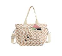 PainZieteg Strawberry Tote Bag Bow Bag With Multi Pocket Women Girls Crossbody Corduroy Handbags Purse Work Travel, Brown Plaid Print, Casual Handbag