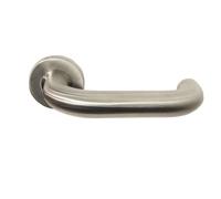 Pair 22mm Round Bar Safety Handle on Round Rose - Concealed Fix - Satin Steel | Door Handle Lever on Screwless Rose - Internal Door Hardware - Screws, Fixings and Spindle Included