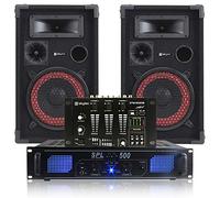 Pair 8" DJ Disco Party Speakers with Powerful PA Amplifier and 6-Channel Audio Mixer Complete Sound System Kit 500W for Events, Karaoke and Performances