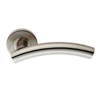 Pair Arched Round Bar Handle On Round Rose Concealed Fix Satin Steel
