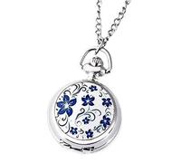 Pair Classic Retro Blue Quartz Pocket Watch Flower, Silver