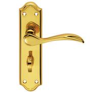 PAIR Curved Door Handle Lever on Bathroom Backplate 180 x 45mm Polished Brass