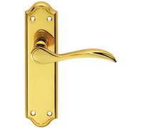 PAIR Curved Door Handle Lever on Latch Backplate 180 x 45mm Polished Brass