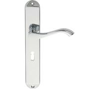 PAIR Curved Handle on Long Slim Lock Backplate 241 x 40mm Polished Chrome