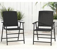 Pair Folding Rattan Garden Chairs Outdoor Patio Bistro Seats Steel Frame Black
