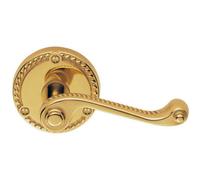 PAIR Georgian Scroll Handle on Round Rose - Rope Design Pattern - Polished Brass | Traditional Door Handle Lever on Screwless Rose - Internal Door Hardware - Screws, Fixings and Spindle Included
