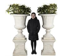 Pair Giant Fluted White Stone Cast Vases On Plinths 154Cm Tall