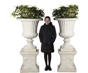 Pair Giant Fluted White Stone Cast Vases On Plinths 154Cm Tall