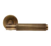 PAIR Knurled Grip Round Bar Handle on Round Rose - Concealed Fix - Antique Brass | Designer Door Handle Lever on Screwless Rose - Internal Door Hardware - Screws, Fixings and Spindle Included