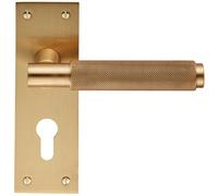 Pair Knurled Round Handle On Slim Euro Lock Backplate 150 X 50mm Satin Brass