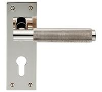 PAIR Knurled Round Lever on Slim Euro Lock Backplate 150 x 50mm Polished Nickel