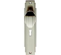 PAIR Line Detailed Door Knob on Lock Backplate 205 x 45mm Satin Nickel