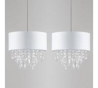 Pair Modern Large 40cm Easy Fit Ceiling Light Shade in White & Silver Fleck Fabric with Acrylic Jewel Droplets Bedroom Lounge Hallway