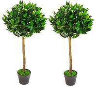 Pair of 3ft Artificial Laurel Bay Leaf Tree Indoor Outdoor Wall Door Decoration Potted Plant Weatherproof Ornamental Topiary Ball Trees 90cm