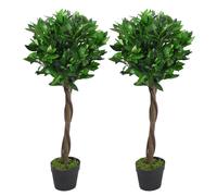 Leaf Pair Of 90Cm (3Ft) Twisted Stem Artificial Topiary Bay Laurel Ball Trees, Green