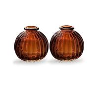 Pair of Amber Glass Bud Vases, Set 2 Small Round Ball Mini Flower Vases, Wedding Table Decoration Centrepiece - Chestnut Brown Jive 2 Ribbed