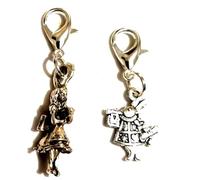 Pair Of Antique Silver Alice Charms on Lobster Clasps, Alice & White Rabbit Bag Charms, March Hare Zipper charms, Alice Pendants