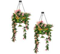 Pair of Artificial Duranta Pink Flowers Hanging Basket with Solar Light 26cm Primrose Multi One Size