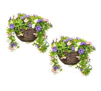 Pair of Artificial Petunia Flowers Rattan Hanging Basket Decoration Pink Purple & White 25cm Primrose Purple One Size