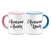 Pair of Awesome Auntie & Uncle Lovely (Heart) Novelty Gift Mugs - Pink & Blue Handle/Rim