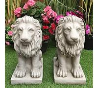 Pair of Bavarian Lion Garden Statues Concrete Lawn Ornaments Pillar Tops by DGS