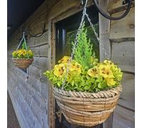 Pair Of Best Artificial 10 Inch Yellow Pansy Spring Hanging Basket With Greenery And Conifer Centre
