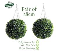 Pair Of Best Artificial 28Cm Green Boxwood Buxus Grass Hanging Basket Topiary Ball - Suitable For Outdoor Use