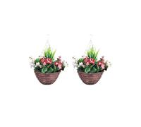 Pair of Best Artificial 30cm Pansy Flower Displays in 10" Rattan Wicker Hanging Baskets for Outdoor Garden(Plum & White)