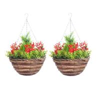 Pair Of Best Artificial Mini Daffodil Flower Displays in 10 Inch Woven Decorative Hanging Baskets (Red)