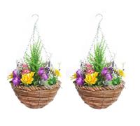 Pair Of Best Artificial Mixed Daffodil, Daisy and Tulip Displays in 10 Inch Woven Decorative Hanging Baskets (Yellow (Conifer))