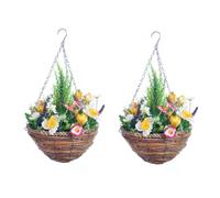 Pair Of Best Artificial Mixed Daffodil, Daisy and Tulip Displays in 10 Inch Woven Decorative Hanging Baskets (White (Conifer))