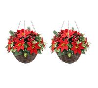 Pair Of Best Artificial Pre Lit Christmas Poinsettia Hanging Baskets, 30cm, Red Flowers, Berries, Pine Cones, Warm White Lights (BATTERIES NOT INCLUDED)