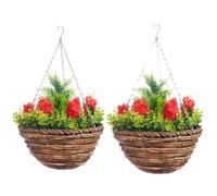 Pair Of Best Artificial Red Hyacinth Flowers in 10 Inch Round Woven Hanging Baskets with Eucalyptus leaves and Conifer Centre