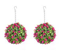 Pair of Best Artificial TULIP Flower Balls Lush Long Leaf Topiary Grass (24cm, Pink)