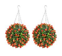 Pair of Best Artificial TULIP Flower Balls Lush Long Leaf Topiary Grass (28cm, Orange)