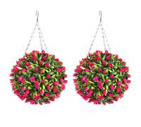 Pair of Best Artificial TULIP Flower Balls Lush Long Leaf Topiary Grass (28cm, Pink)