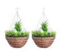 Pair Of Best Artificial White Hyacinth Flowers in 10 Inch Round Woven Hanging Baskets with Eucalyptus leaves and Conifer Centre