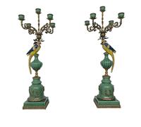 Pair of candlesticks porcelain brass bird parrot sculpture antique style 84cm