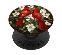 Pair of Cardinals Floral Round Art PopSockets Adhesive PopGrip