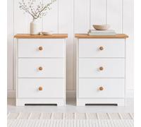 Pair of Colorado 3-Drawer Bedside Cabinets, White Paint, Oak-Effect, Set of 2