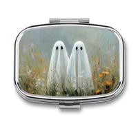 Pair of Cute Ghosts in The Wildflowers Field Pill Box 2 Compartment Portable Medicine Pill Case Travel Pill Organizer for Pocket Purse